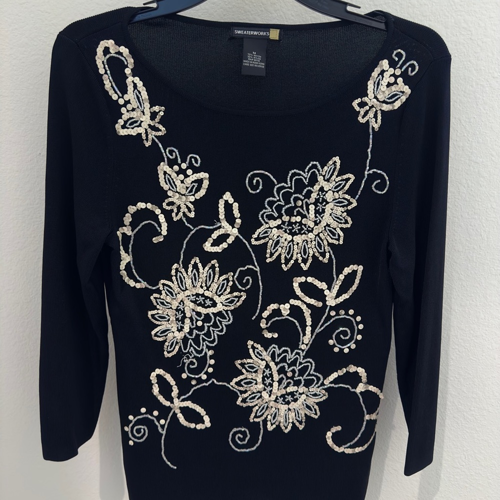Sweaterworks Black Sweater with White Floral Embroidery